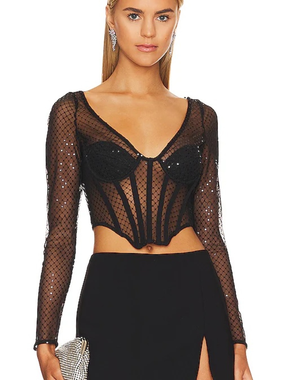NWT Bardot Sheer Black Sequin Mesh Corset Top - M